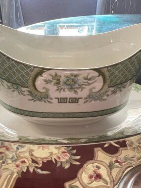 Sango Dynasty Gravy Boat With Underplate Vintage China Green Floral Serving Dish